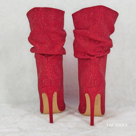 Resolve Sparkling Red Rhinestone High Heel Slouch Calf Boots New Years Bling - Picture 11 of 17